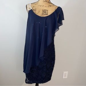 Betsy & Adam Navy Blue Lace Sequin Cocktail Dress with Silver Strap Size 12